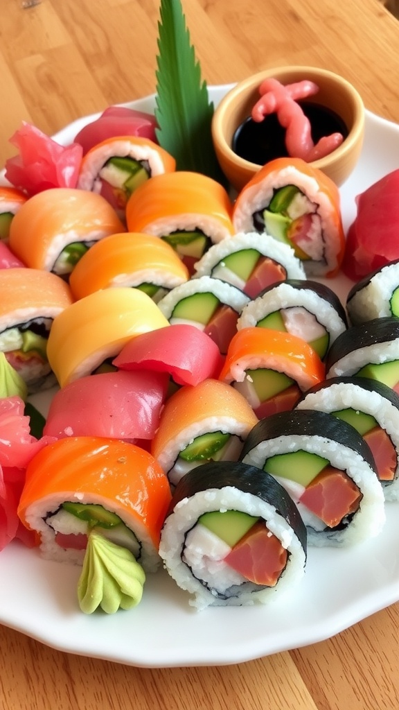 Delicious Sushi Rolls with a Touch of Magic A colorful platter of sushi rolls with fish, avocado, and cucumber, served with soy sauce and garnished with wasabi and pickled ginger.